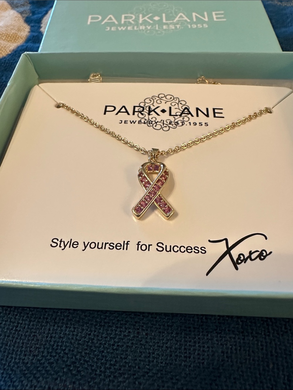 Park Lane Necklace Gold Tone Pink Ribbon  CZ Stones. NWT